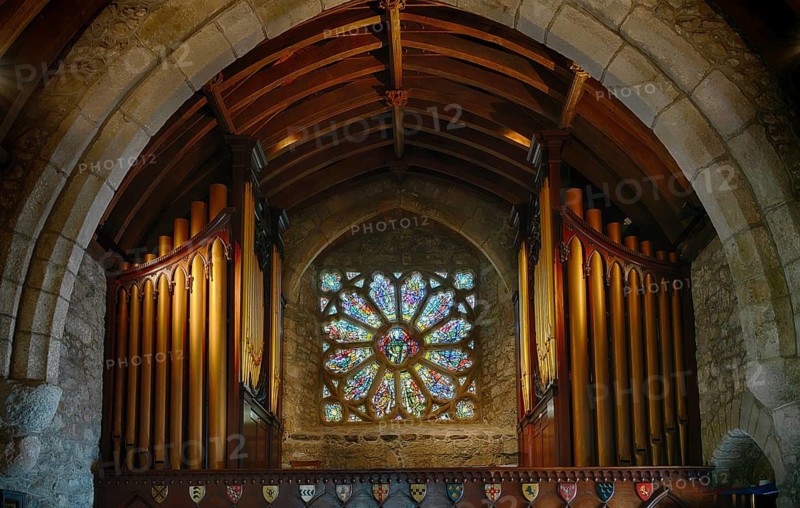 Interior photo, organ on gallery, coat of arms, church window, stained glass window, chapel, St Michael's Mount, Cornwall, England, Great Britain, Great Britain