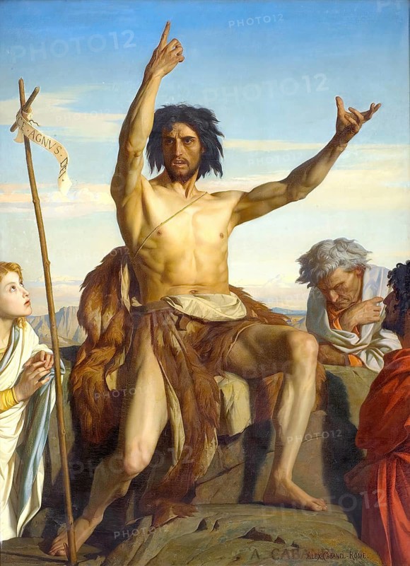John the Baptist, in a dramatic pose, clad in traditional camel-hair garments, a work by Alexandre Cabanel (born 28 September 1823 in Montpellier, died 23 January 1889 in Paris), a French academic history painter. Reproduction of a 19th-century original. Authentic, file restored for optimal use, exact date of the original unknown