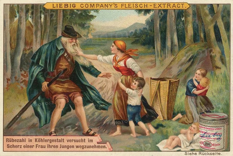 Picture series Sagen, Rübezahl-Sage, in which the ghost disguised as a charcoal burner jokingly tries to take away her child from a woman, Liebigbild, digitally restored reproduction of a collector's painting from around 1900, exact date unknown