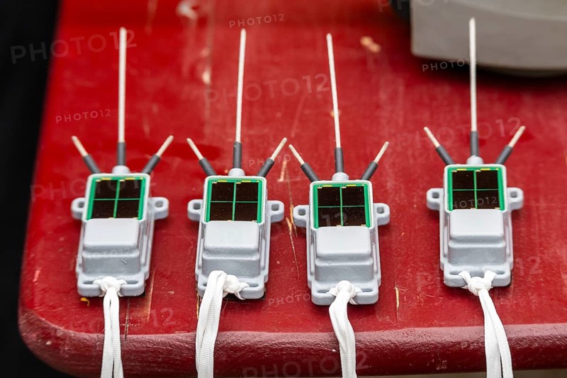 GPS tracking transmitters on a table, tagging white storks (Ciconia ciconia), Lake Constance region, Baden-Württemberg, Germany