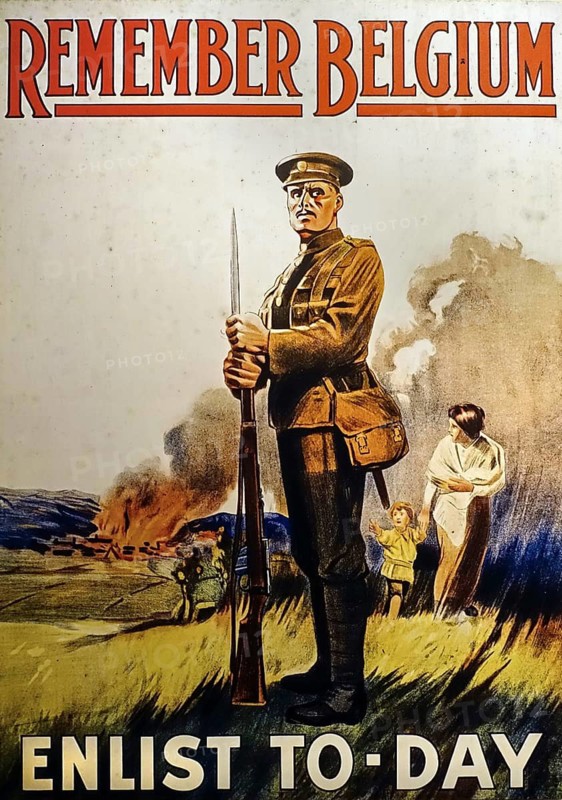 WW1 vintage 1915 Remember Belgium, En-list Today recruitment poster urging the British to enlist in the army to help Belgium during World War One