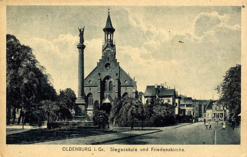 Historical view of Oldenburg, especially the Victory Column and the Friedenskirche, Germany, authentic reproduction of an old postcard, around 1910, historical, exact date unknown