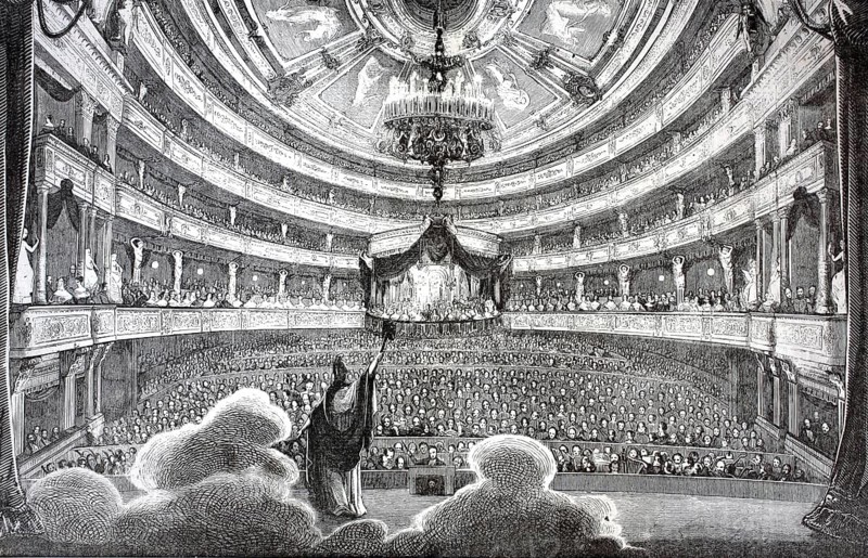 The interior of the new opera house in Berlin (now the Staatsoper Unter den Linden), viewed from the stage looking out into the auditorium. The illustration was created on 8 March 1845. It documents the ceremonial reopening of the building on 7 December 1844, after the original opera house, designed by Georg Wenzeslaus von Knobelsdorff, had been almost completely destroyed in a devastating fire in August 1843. The reconstruction was completed in a record time of just 16 months under the direction of the architect Carl Ferdinand Langhans. Illustration: reproduction of a 19th-century original. Authentic, file restored for optimal use, exact date of the original unknown, historical