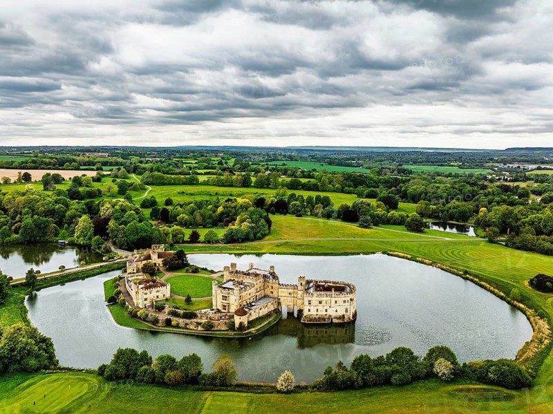 Leeds Castle from a drone, River Len, Kent, England, United Kingdom