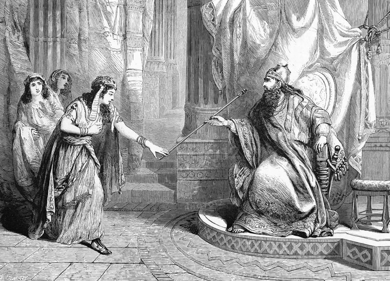 Esther touches the scepter of King Ahasuerus, Bible, book of Esther, Old Testament, Persian Empire, royal court, golden staff, royal scepter, mercy of the king, Persian king, power and reign, palace of Susa, ancient world, symbol of grace, Persian royal court, touching, mercy, salvation, Jewish people, Jewish queen, Persia, humility, bravery, hope, thrones hall, forgiveness, lady-in-waiting, group, sword, robe, dignity, historical illustration around 1850