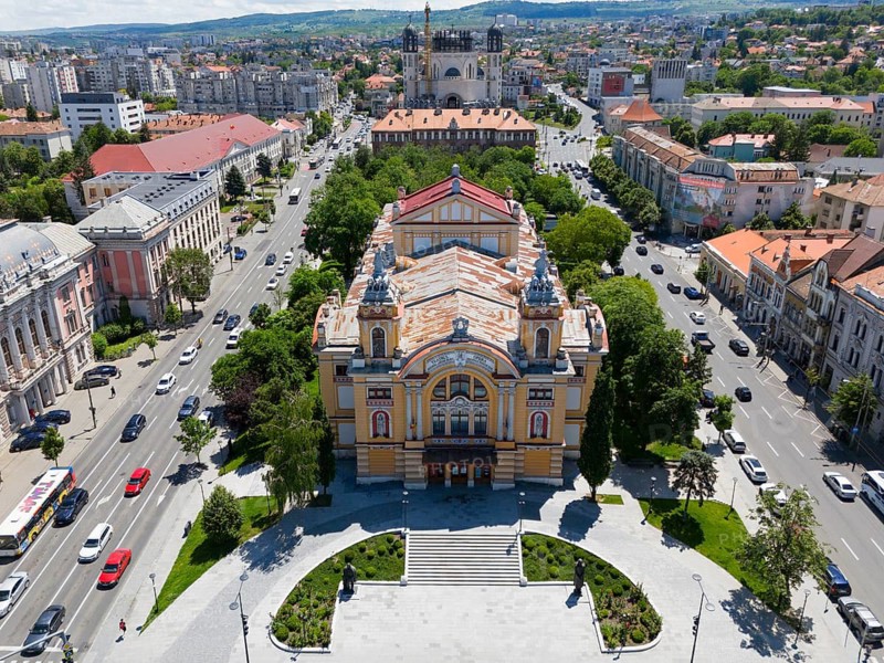 Overview of a city with a historic building and an orderly road network, aerial view, theatre, national opera, Cluj-Napoca, Cluj, Transylvania, Romania