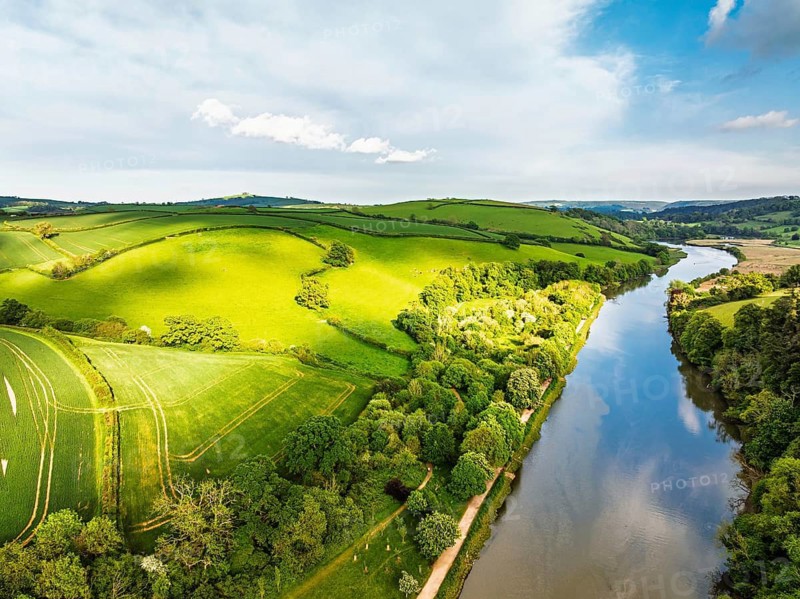 Farms and Fields over Totnes and River Dart from a drone, Devon, England, United Kingdom