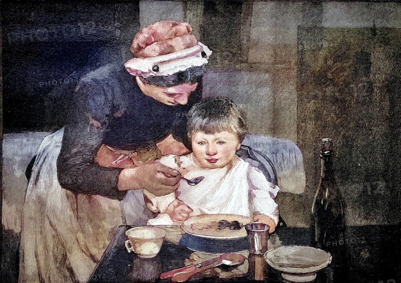 Infant eating with a caregiver or mother. A woman wearing traditional clothing and head covering feeds a young child with a spoon, reproduced from a 19th-century model. Authentic, file restored for optimal use, exact date of original unknown, nostalgically colored