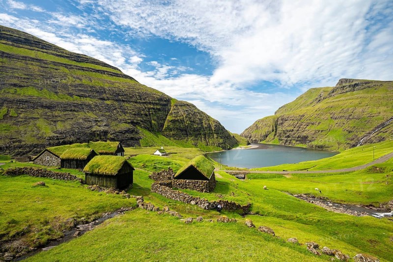 Traditional houses of Saksun, grass roof, Streymoy island, Faroe Islands, Denmark