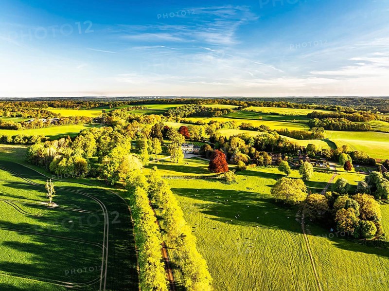 Fields and Farms over Horsebridge nad Stockbridge from a drone, Hampshire, England, United Kingdom