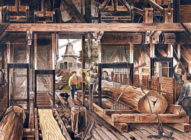 Illustration vividly illustrates the traditional craft and mechanics of a Dutch windmill, which is used as a sawmill, paltrok mill or coker windmill. In the center, you can see the entrance of large tree trunks, which are dismantled into boards using a mechanical, wind-driven saw, multiple frame saw, school picture, illustration, reproduction of a model from the 19th century. School picture, mural, authentic, file restored for optimal use, exact date of original unknown, historical