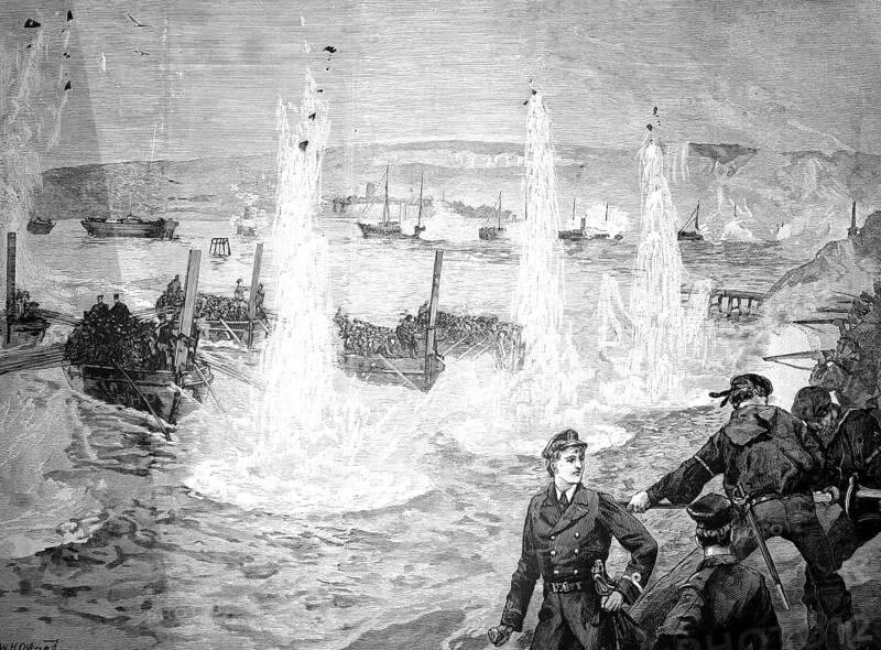 Naval maneuver with torpedoes near Portsmouth, around 1880, England, illustration, reproduction from a 19th century model. Authentic, file restored for optimal use, exact date of submission unknown, historical