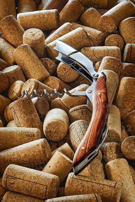 Wine opener on a heap of used wine bottle cork closures. The corks have been removed from bottles and scattered on a tabletop