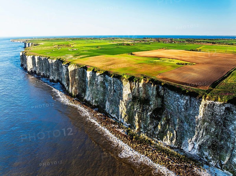 Farm and Fields over Bempton Cliffs from a drone, Yorkshire, England, United Kingdom