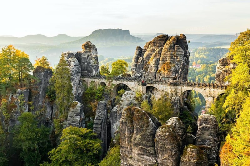 Saxony, Saxon Switzerland, Germany, autumn leaves, rocks, autumn, sandstone, Bastei bridge, sunset, Elbe Sandstone Mountains, bizarre rock forms, Saxon Switzerland, Saxony, Federal Republic of Germany