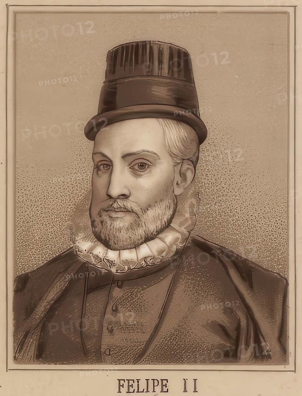 Philip II (1527-1598), Felipe II, was King of Spain and Portugal during the Spanish Golden Age, school picture, authentic reproduction of a school mural, around 1900, exact date unknown, Historical