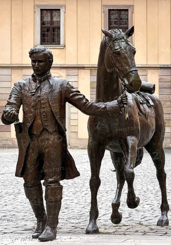 Life-size bronze sculpture, equestrian statue of the late reading rider by Valerie Otte in the courtyard of the city palace, Fulda, East Hesse, Hesse, Germany