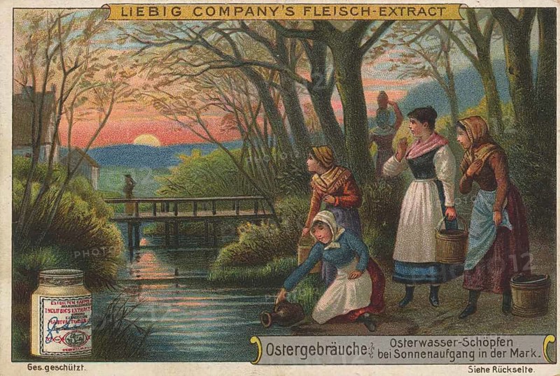 Picture series Easter traditions, Easter water scooping at sunrise in Mark Brandenburg. According to old folk belief, water drawn from a flowing body of water between midnight and sunrise on Easter Sunday has special healing and blessing powers, picture of love, digitally restored reproduction of a collector's painting from around 1900, exact date unknown
