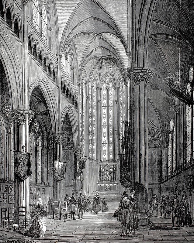 Interior view of the Notre-Dame de Bonsecours Basilica, Église de Bon-Secours. It is located in the municipality of Bonsecours in the Seine-Maritime department in Normandy, near the city of Rouen, around 1880, France, illustration, reproduction from a 19th-century model. Authentic, file restored for optimal use, exact date of submission unknown, historical