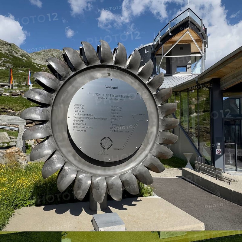 Original Isogyre pump turbine for energy generation with hydroelectric power next to the staircase to Berghotel Malta in front of the Kölnbreinsperre dam dam, Malta, Carinthia, Austria