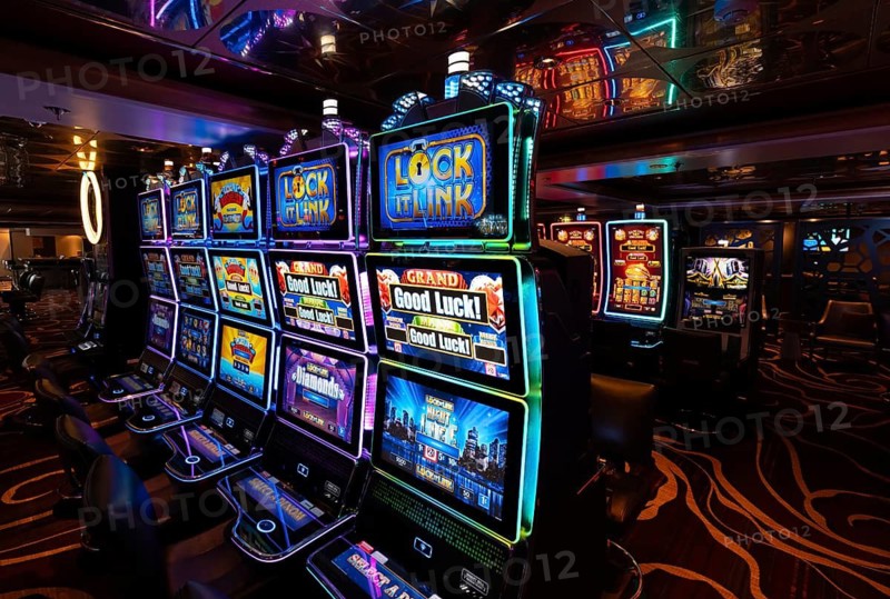 Rows of illuminated slot machines with colorful neon displays on a casino gaming floor, vibrant entertainment and gambling interior at night