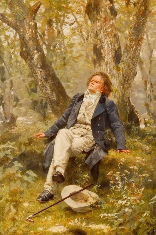 Beethoven dreaming under trees, Ludwig van Beethoven, 1770 -1827, German composer, digitally edited based on a historical illustration by Julius Schmid