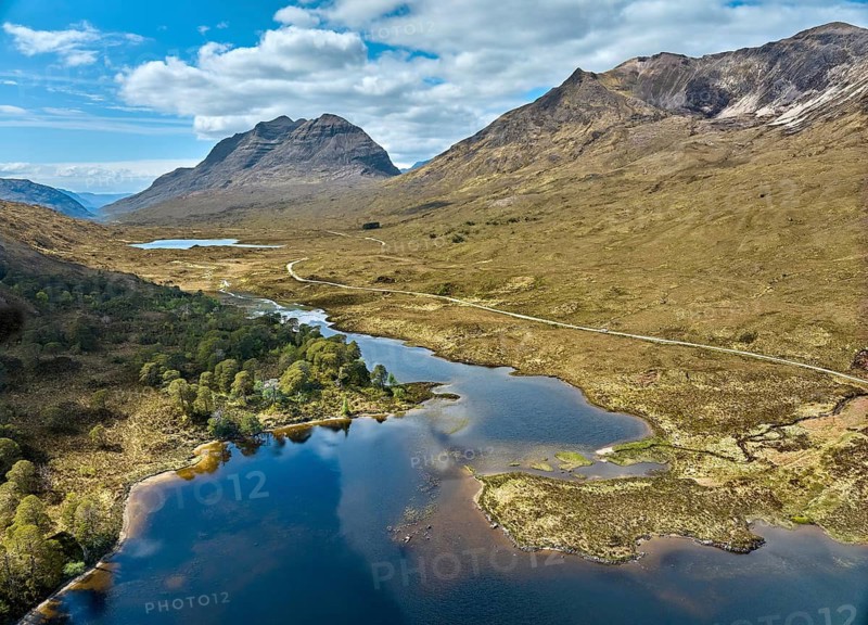 Panoramic aerial photo of Beinn Eighe National park and Loch clair in the in the scottish highlands, Torridon valley, Scotland, UK