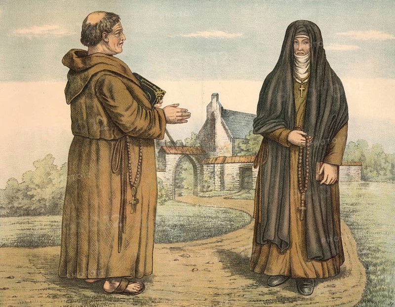 Illustration of a monk and a nun, from 1881, depicting Italian costumes around the year 1200. The monk is wearing a brown tunic with a hood, cowl. The typical white Zingulum rope, which is traditionally fitted with three knots, is wrapped around the waist. He also holds a book, Liturgy of the Hours or the Bible. A rosary with a crucifix hangs from the cingulum. The nun is also wearing a brown robe combined with a dark robe or cloak. Her head is covered by a white headband and a long, black veil over it, which frames the face. She too is holding a large rosary in her hands, school picture, illustration, reproduction of a model from the 19th century. School picture, mural, authentic, file restored for optimal use, exact date of original unknown, historical
