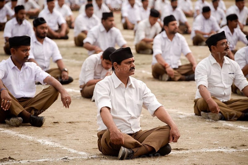 Rashtriya Swayamsevak Sangh (RSS) volunteers participate in an annual event, in Guwahati, Assam, India on Sunday, April 3, 2022. The Rashtriya Swayamsevak Sangh is a Hindu nationalist, paramilitary volunteer organisation