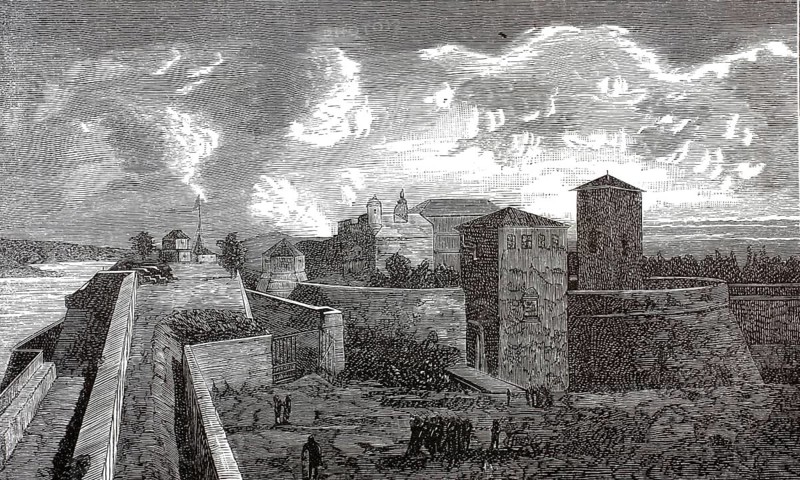 Baba Vida fortress in Vidin, Bulgaria. You can see the distinctive defense towers, the inner and outer fortress walls and soldiers in the foreground, who illustrate the military presence during the war in the late 19th century, illustration, reproduction from a model from the 19th century. Authentic, file restored for optimal use, exact date of submission unknown, historical