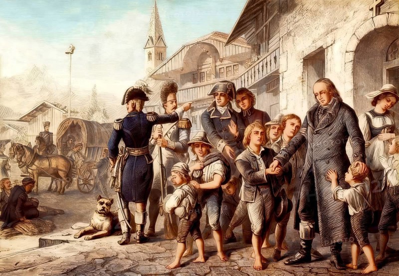 Pestalozzi with the orphans of Stans, school for orphans, Nidwalden after the desolation of the canton Unterwalden by the French, 1798, Switzerland, Johann Heinrich Pestalozzi, 1746 - 1827, Swiss pedagogue, educational reformer, digitally edited based on a historical illustration, subsequently colored