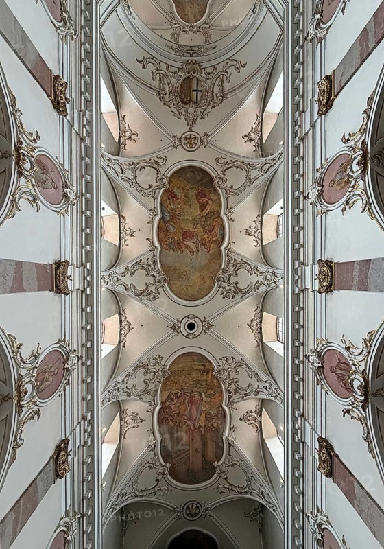 Catholic parish church of St. Blasius, interior view of the vault in the central nave, baroque style, baroque quarter, Fulda, East Hesse, Hesse, Germany