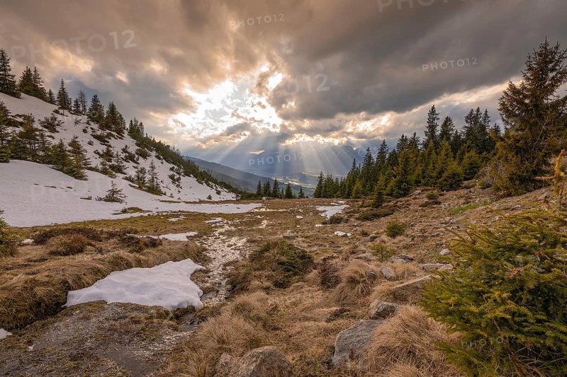 Evening at Loassattel, in spring, the Inn Valley and the Karwendel Mountains in the back, Loassattel, Pillberg, Pill, Austria