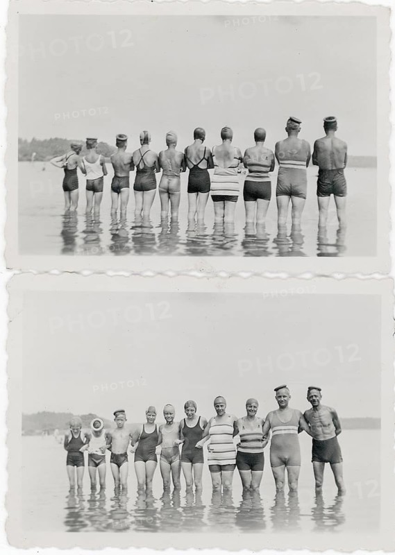 Templin, Templiner See, Brandenburg, bathing, swimwear, leisure, summer, woman, men, girls, boys, children, two pictures show a group in swimwear standing knee-deep in the water, around 1930