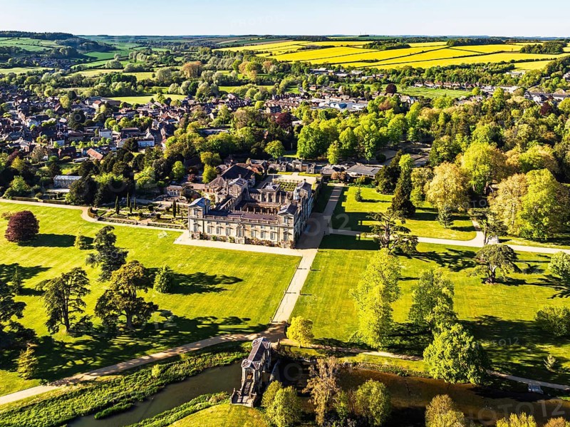 Wilton House from a drone, Wilton, River Nadder, Salisbury, Wiltshire, England, United Kingdom