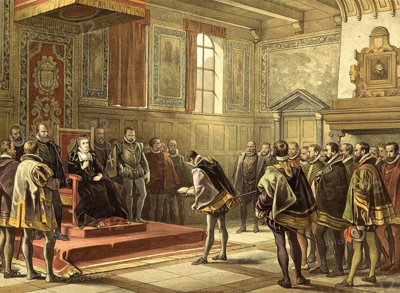 The presentation of the Smeekschrift der Edelen to Margaret of Parma in 1566, the scene depicts Dutch nobles handing over a petition against religious persecution to Regent Margaret of Parma in 1566, school picture, illustration, reproduction from a model from the 19th century. School picture, mural, authentic, file restored for optimal use, exact date of original unknown, historical
