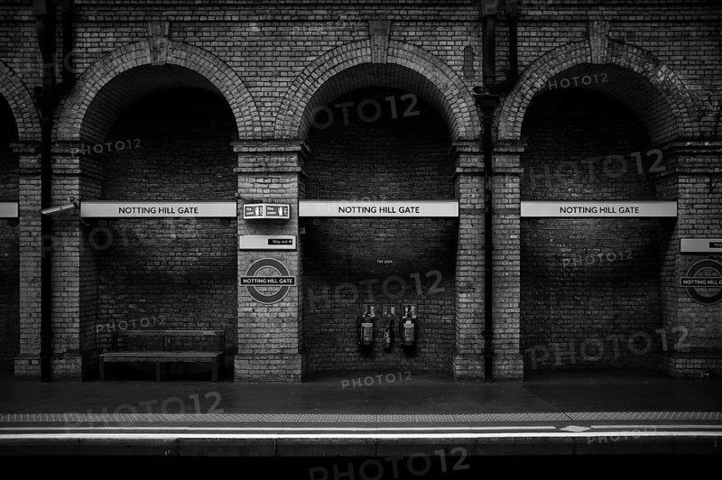 Notting Hill Gate subway station, underground, tube, public transport, black and white, London, England, Great Britain, Great Britain