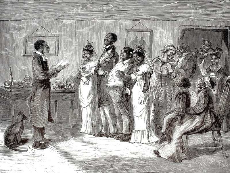 Marriage of formerly enslaved African Americans, satirical depiction of a wedding ceremony in the 19th century. In the middle, two couples in festive wedding attire stand next to each other, illustration, reproduction from a 19th authentic, file restored for optimal use, exact date of the original unknown, historical