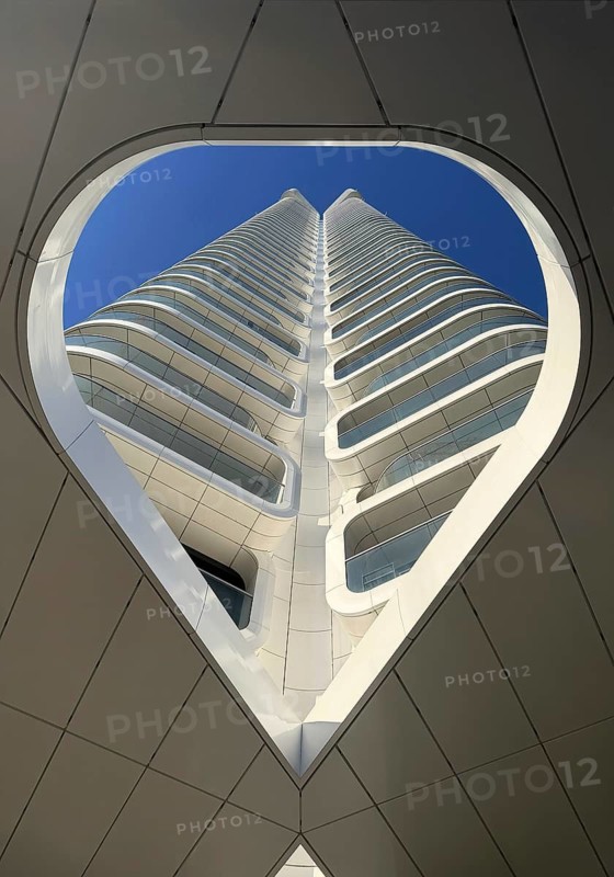 Heart-shaped view of the Grand Tower, first residential high-rise in Germany, Europaviertel, Frankfurt am Main, Hesse, Germany