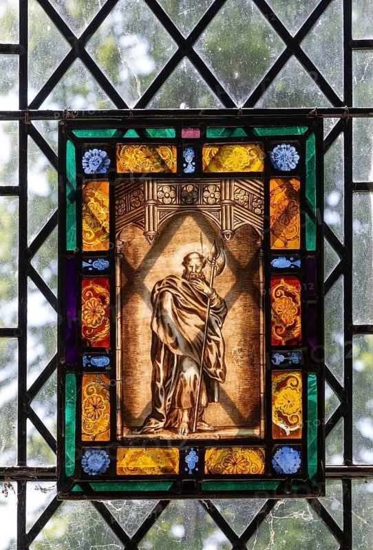Stained glass depiction of Saint Matthew by C. J. W. Winter c 1840, church of Saint Andrew, Winston, Suffolk, England, UK