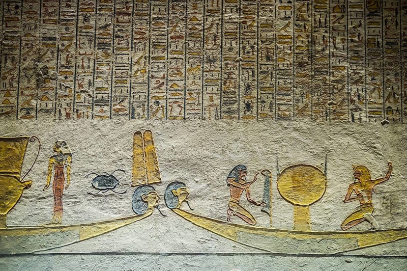 Colourful reliefs and wall paintings and hieroglyphs, tomb, Pharaoh Ramesses IX, Valley of the Kings, UNESCO World Heritage Site, Thebes, Luxor, Egypt