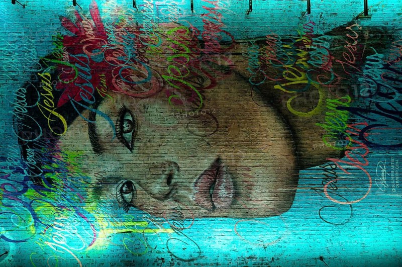 Portrait of a woman standing on the ceiling, legal, temporary graffiti in the graffiti tunnel, Leake Street Arches, London, England, Great Britain, Great Britain