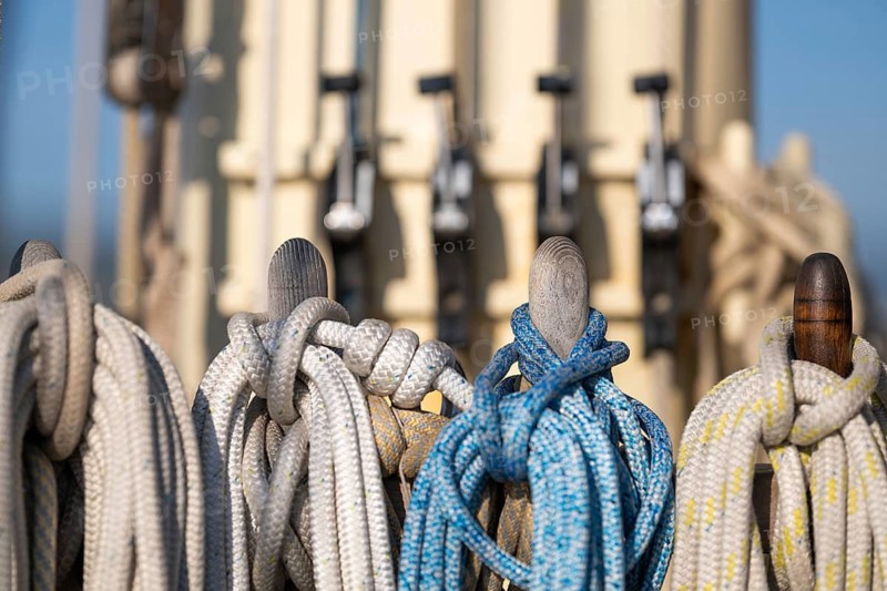 Holpins or nail nails stuck through a board, including coffee nails, linen and ropes, sailing ship, Aeolian or Lipari islands, Sicily, southern Italy, Italy