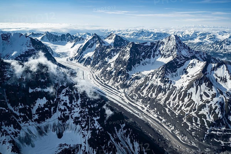 Snow and ice, epic mountains with glaciers, aerial view, Alaska Range, Denali National Park, Alaska, USA