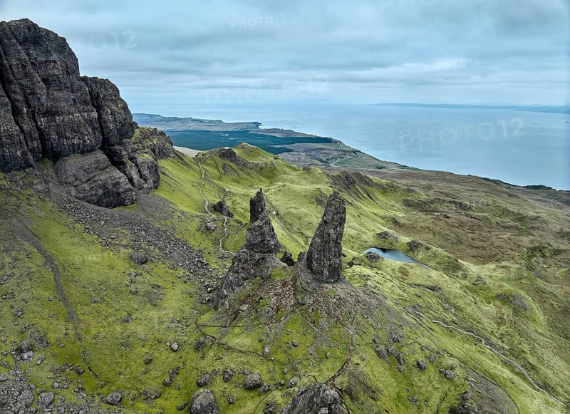 Aerial photo of the wild and rocky landscape at the Old man of Storr on the Isle of Skye, Scotland, UK