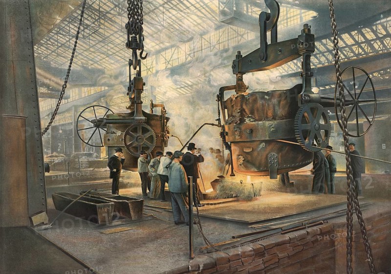 Cast steel processing in a heavy Krupp industrial building. Workers operate massive casting pans suspended from chain hoists, from which liquid, glowing steel is cast into molds, molds, school painting, illustration, reproduction from a model from the 19th century. School picture, mural, authentic, file restored for optimal use, exact date of original unknown, historical