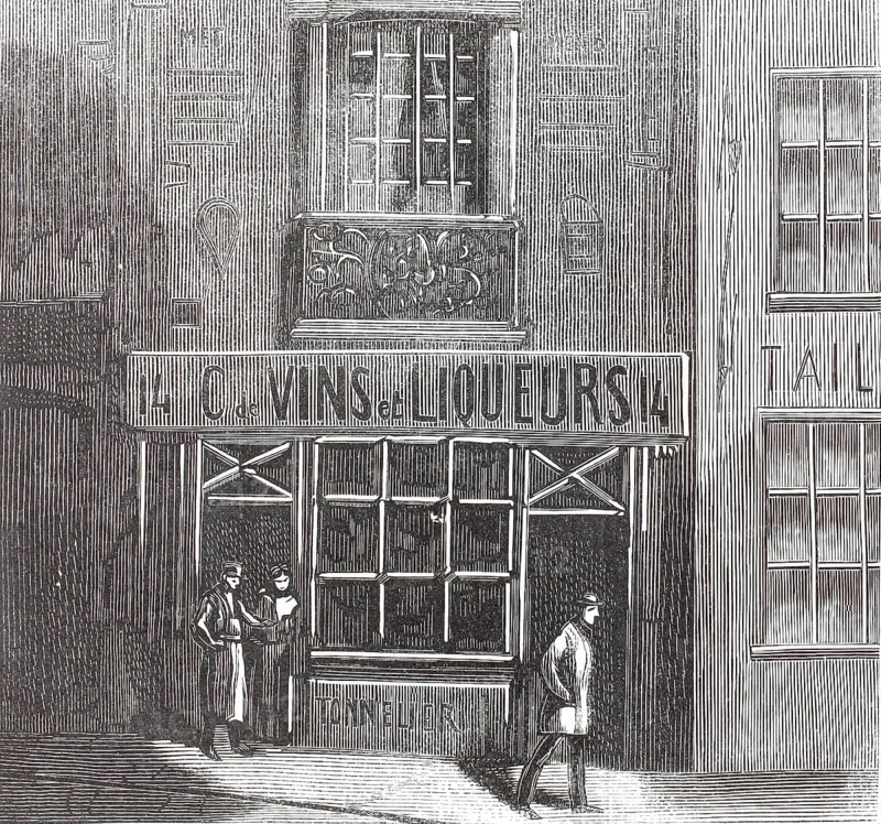 Liquor store, Vins et Liqueurs, in Paris around 1870, The word tonnelier, boettcher or cooper is engraved at the bottom of the window, referring to the traditional storage and bottling of wine barrels on site, France, illustration, reproduction from a 19th century model. Authentic, file restored for optimal use, exact date of submission unknown, historical