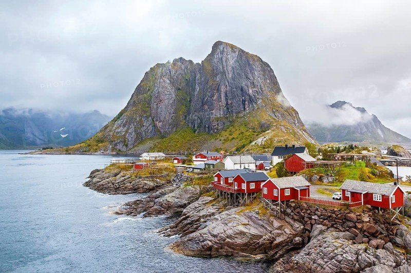 Lofoten, Flakstadoy island, historic fishing village Nusfjord, Norway, mountain range, fisherman's house