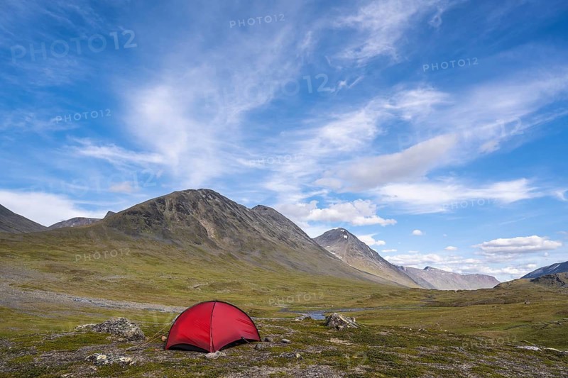 Tent in Ruohtesvagge Valley, Sarek National Park, Laponia World Heritage Site, Norrbotten, Lapland, Sweden, August 2021