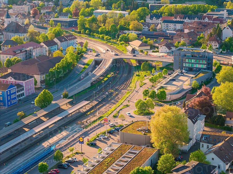 Urban environment with rails and roads, embedded in a green landscape, electrification of the Hochrheinbahn, conversion of the railway station, Waldshut, Tiengen, Germany